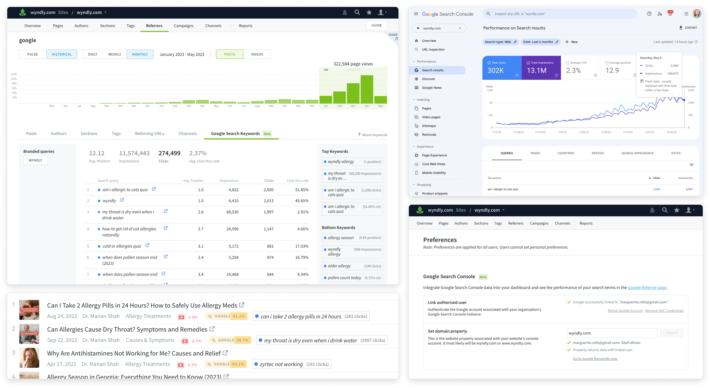 Collage of UI screens — Parse.ly referrer dashboard and Google Search Console.