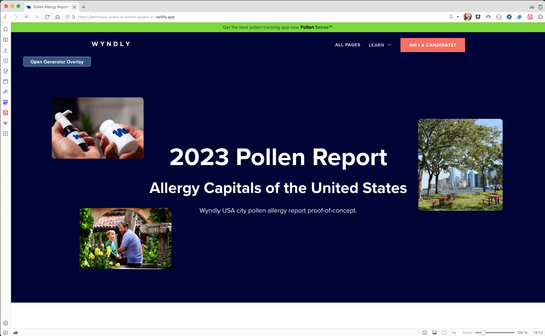 Proof-of-concept homepage in the Vivaldi browser. Navy background with images of common allergen situations (garden, park, medical).